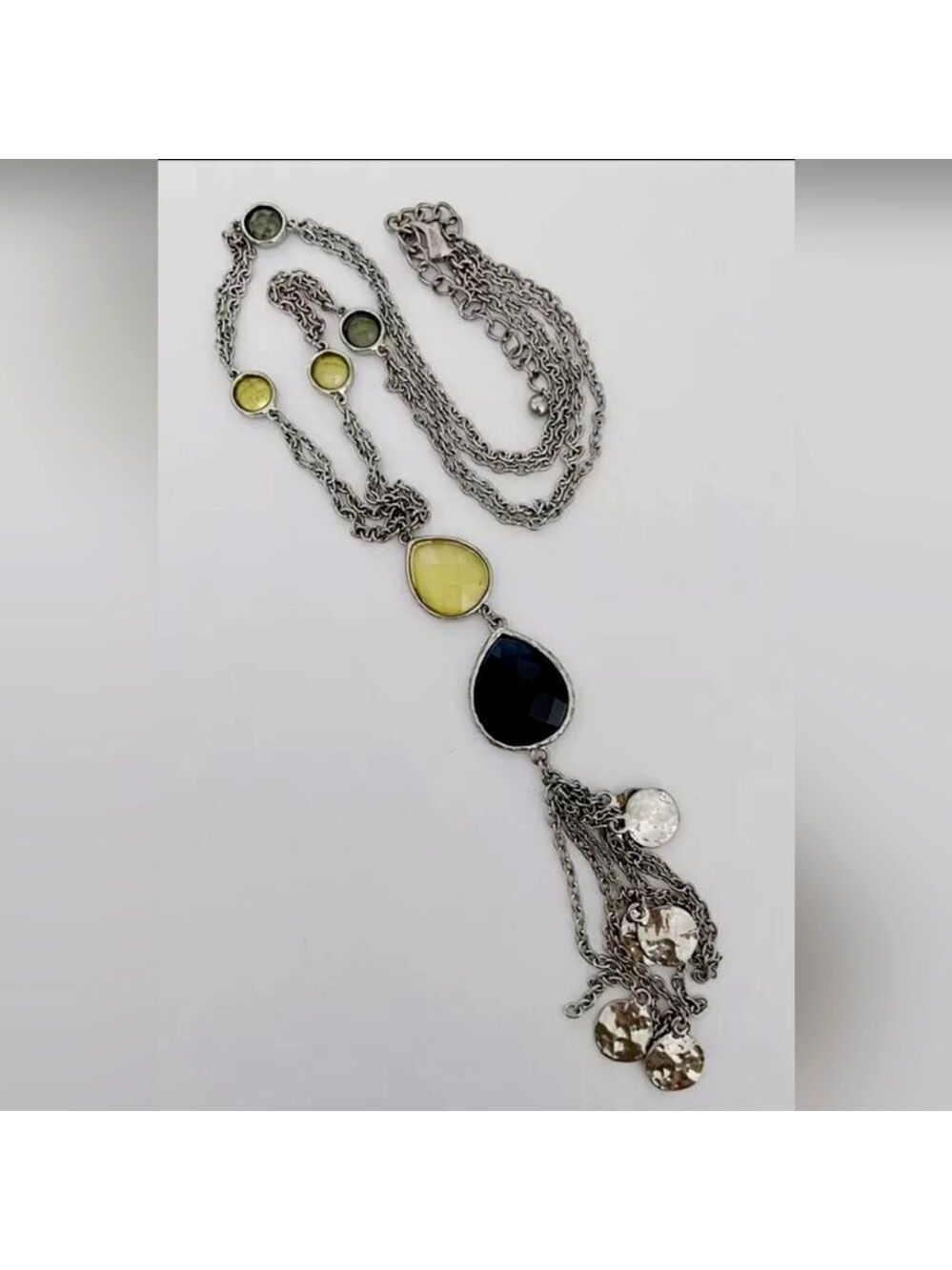 CHICO'S SILVERTONE NAVY YELLOW RESIN 28"- 31" NECKLACE NWOT